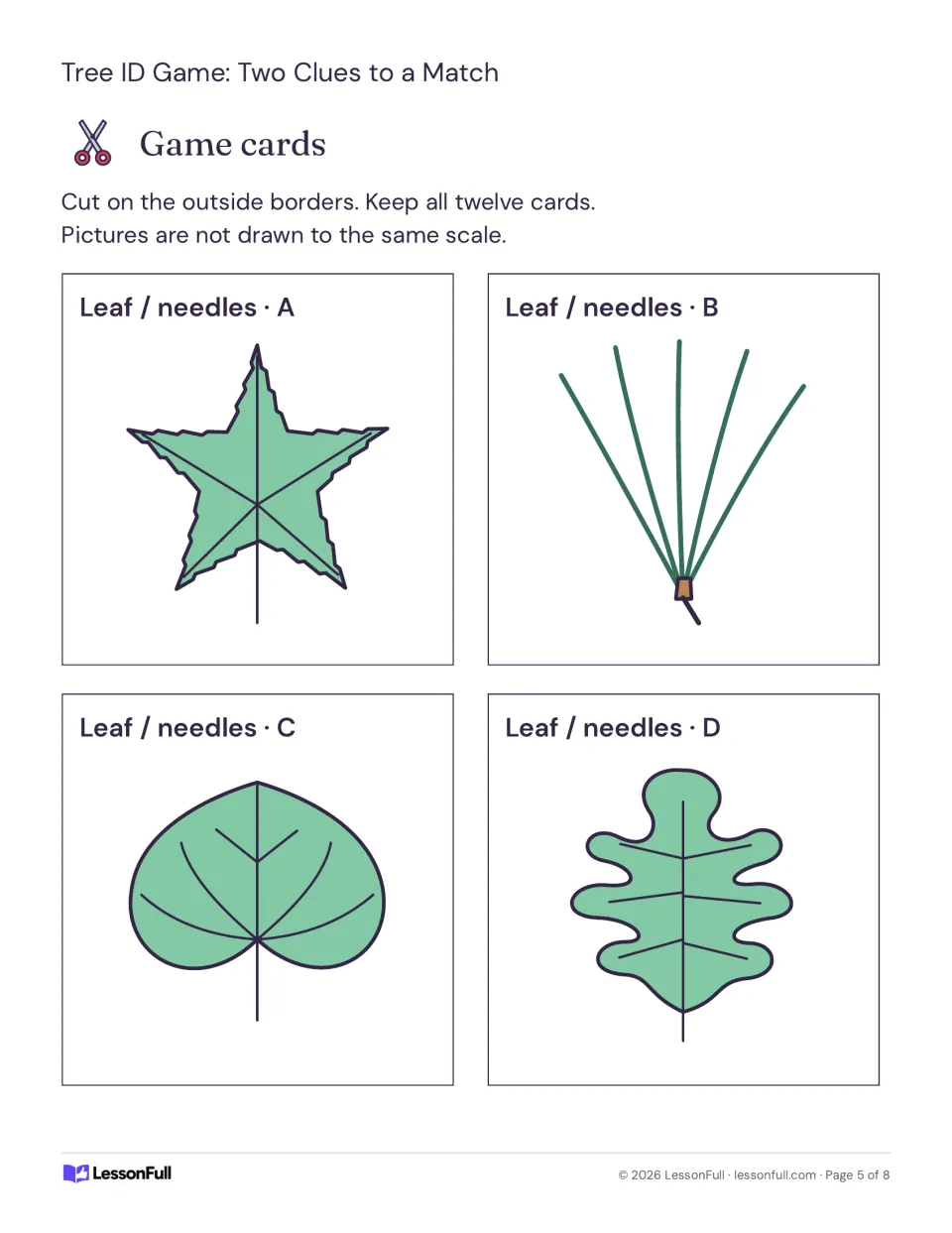Tree matching cards A–D show a sweetgum leaf, five pine needles, an eastern redbud leaf, and a white oak leaf.