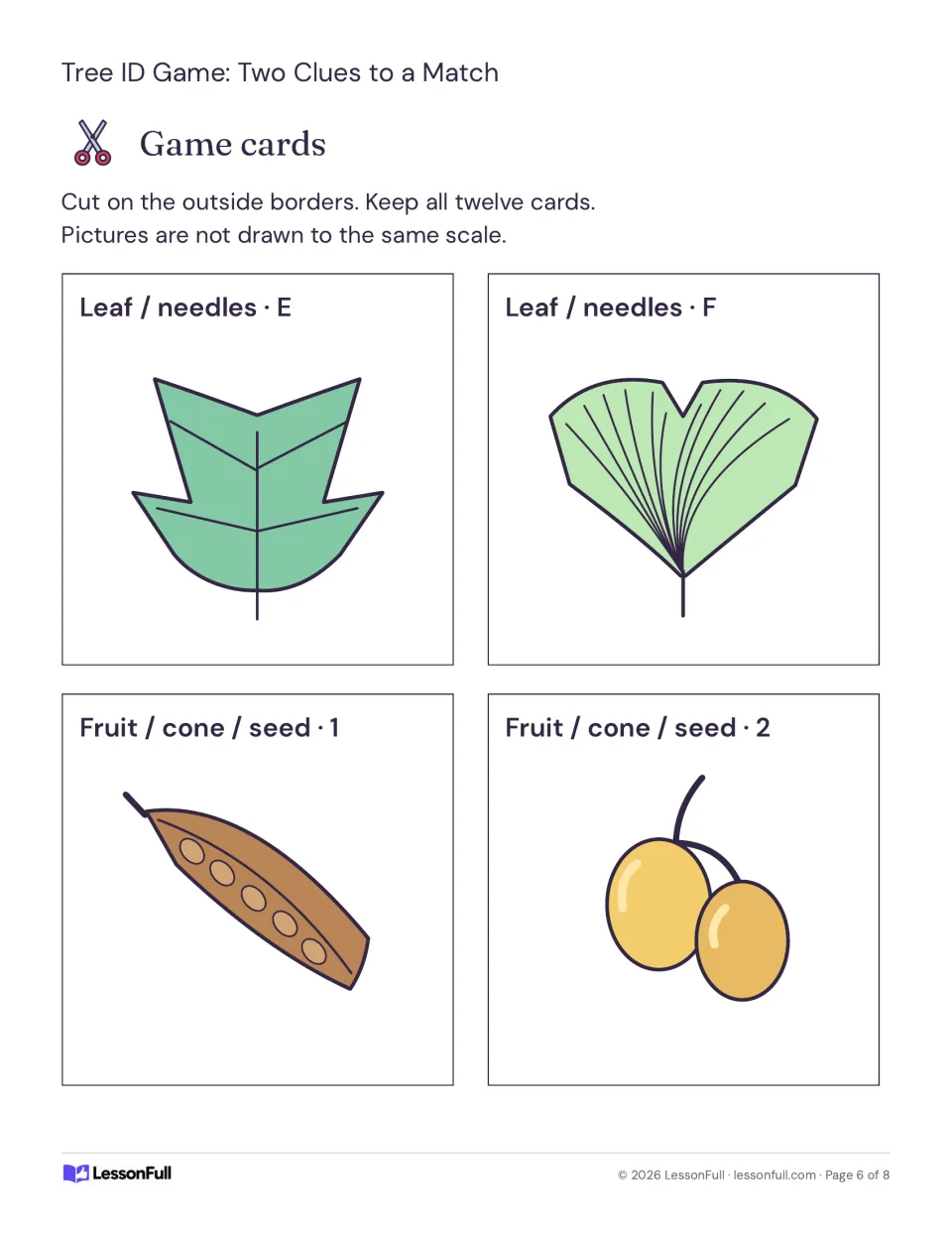 Tree matching cards E, F, 1, and 2 show tuliptree and ginkgo leaves, a redbud seed pod, and ginkgo seeds.