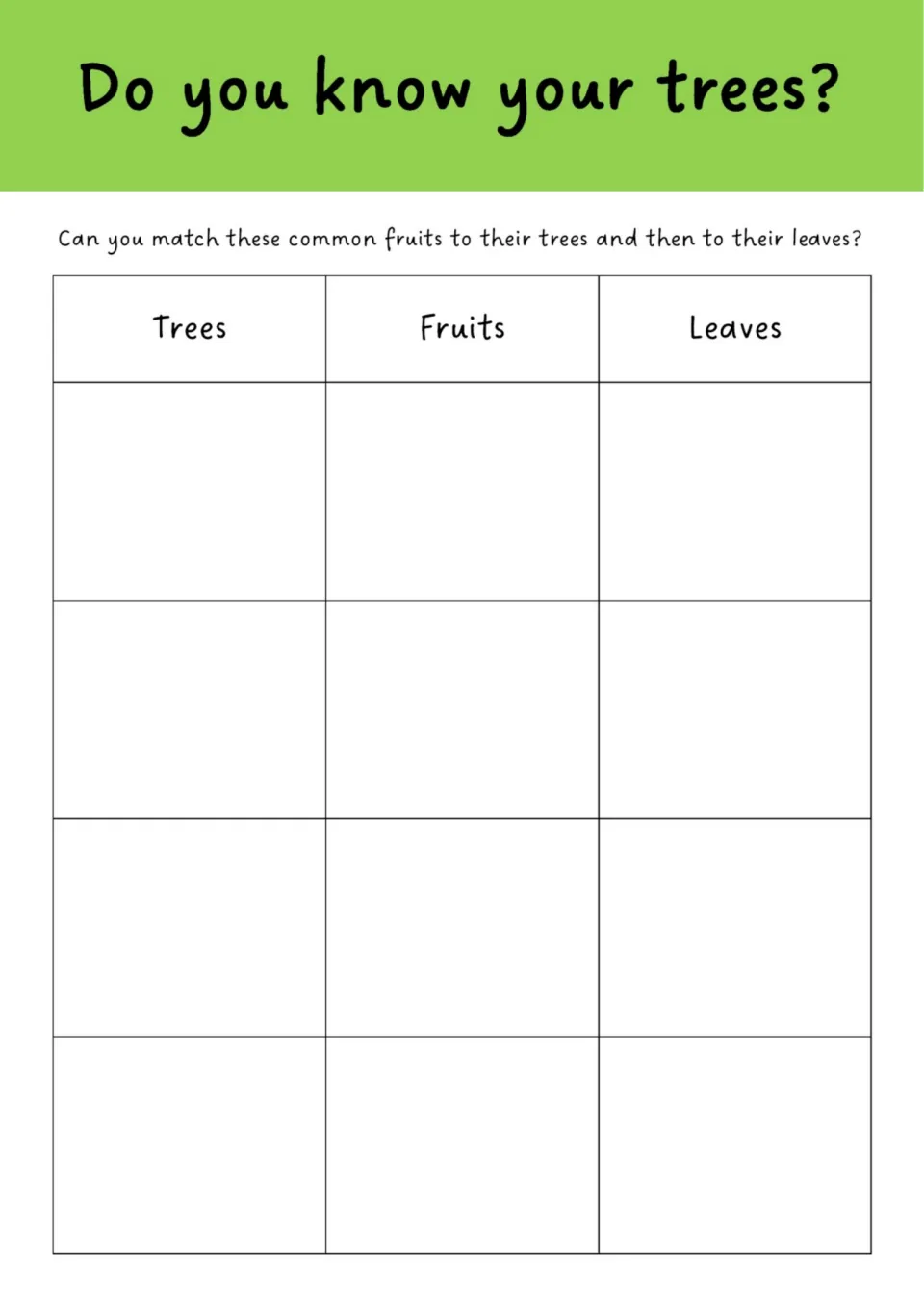 Stick-down sheet for the four-tree match: students glue cut-out tree names, fruits and leaves in the correct order