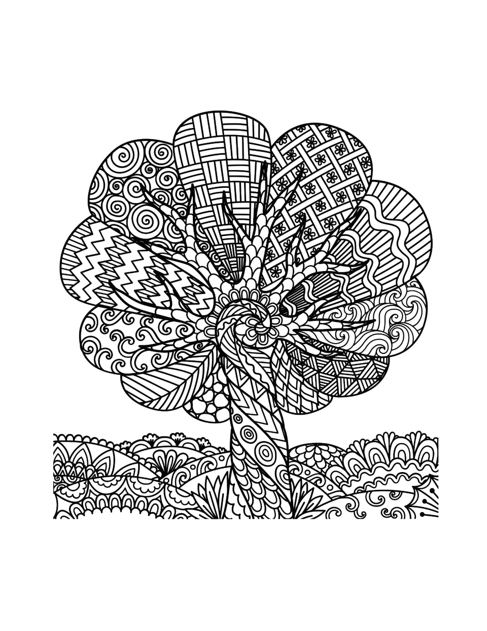 Tree mandala coloring sheet featuring a rounded canopy filled with spirals, zigzags, and woven patterns