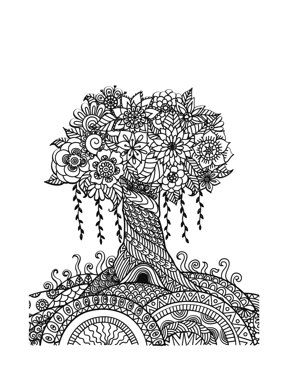 Tree mandala coloring sheet featuring a flower-filled canopy, hanging leafy strands, and a patterned trunk