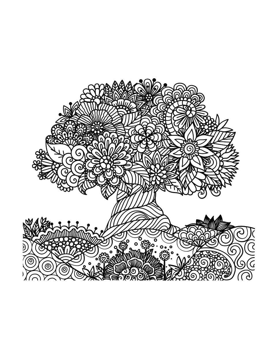 Tree mandala coloring sheet featuring a broad floral canopy, a twisting trunk, and spirals across the ground
