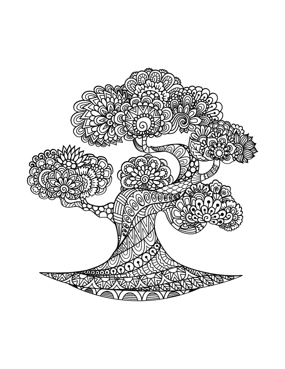 Tree mandala coloring sheet featuring curved branches topped with separate clusters of flowers and leaves