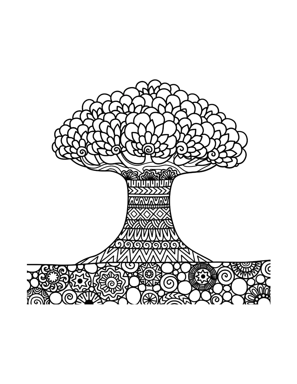 Tree mandala coloring sheet featuring a fan-shaped floral canopy and a trunk patterned with geometric bands
