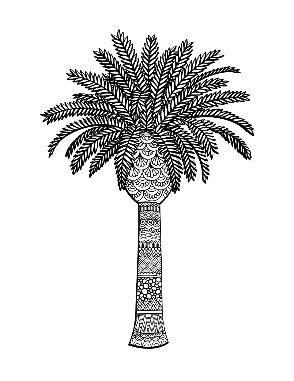 Tree mandala coloring sheet featuring a tall palm tree with narrow leafy fronds and a patterned slender trunk