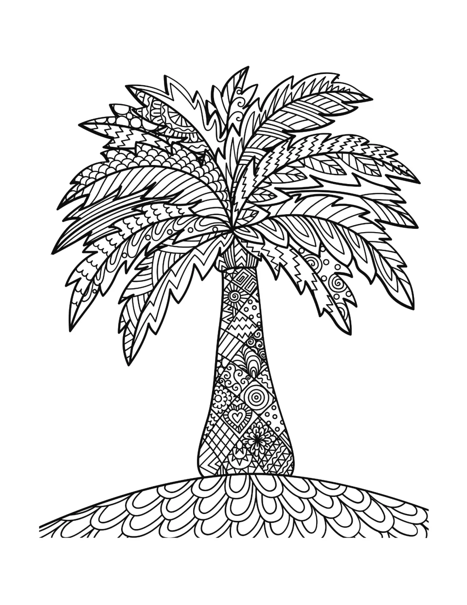 Tree mandala coloring sheet featuring a palm with broad patterned fronds above a mound of scalloped shapes