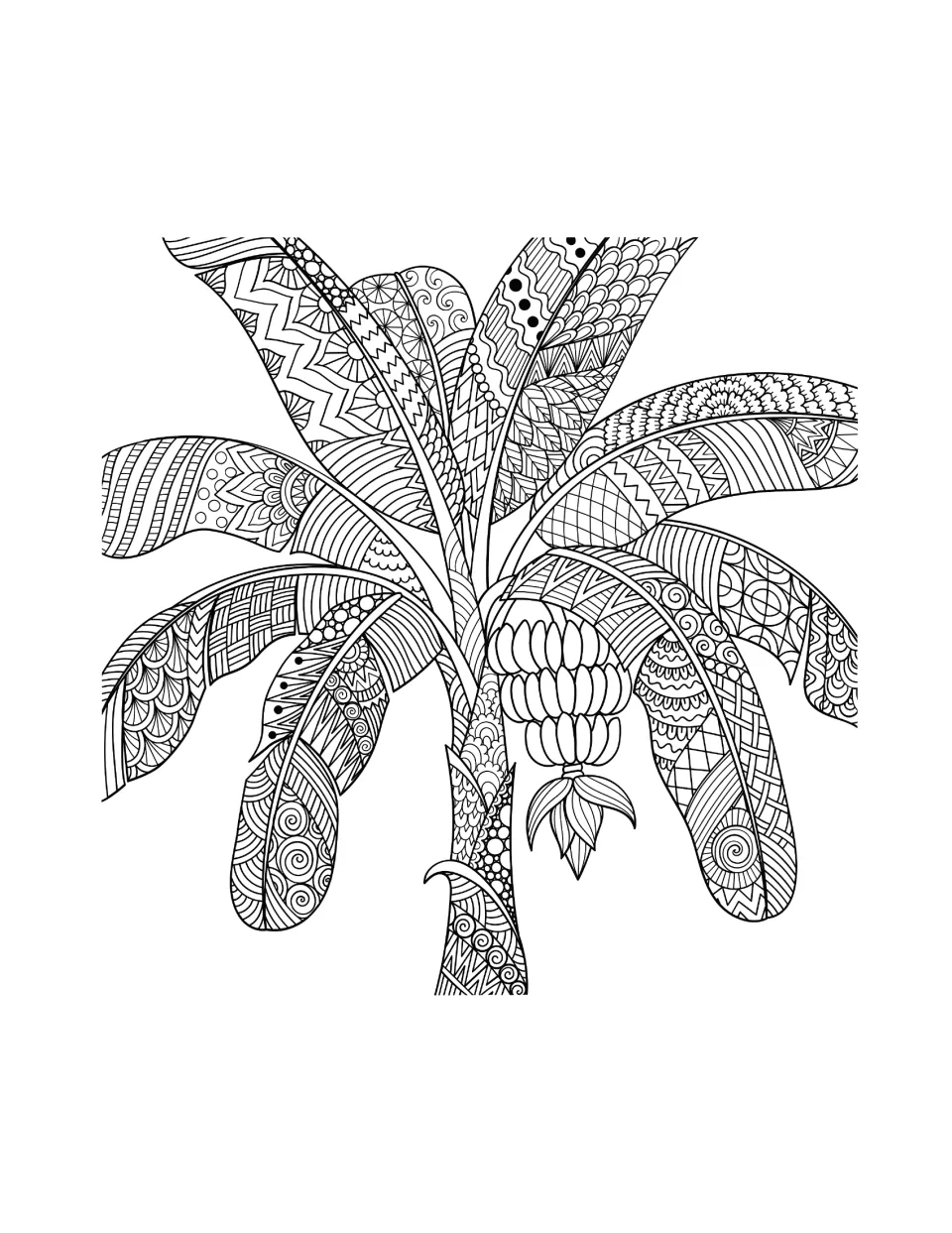 Tree mandala coloring sheet featuring a banana plant with patterned arching leaves and a hanging fruit bunch