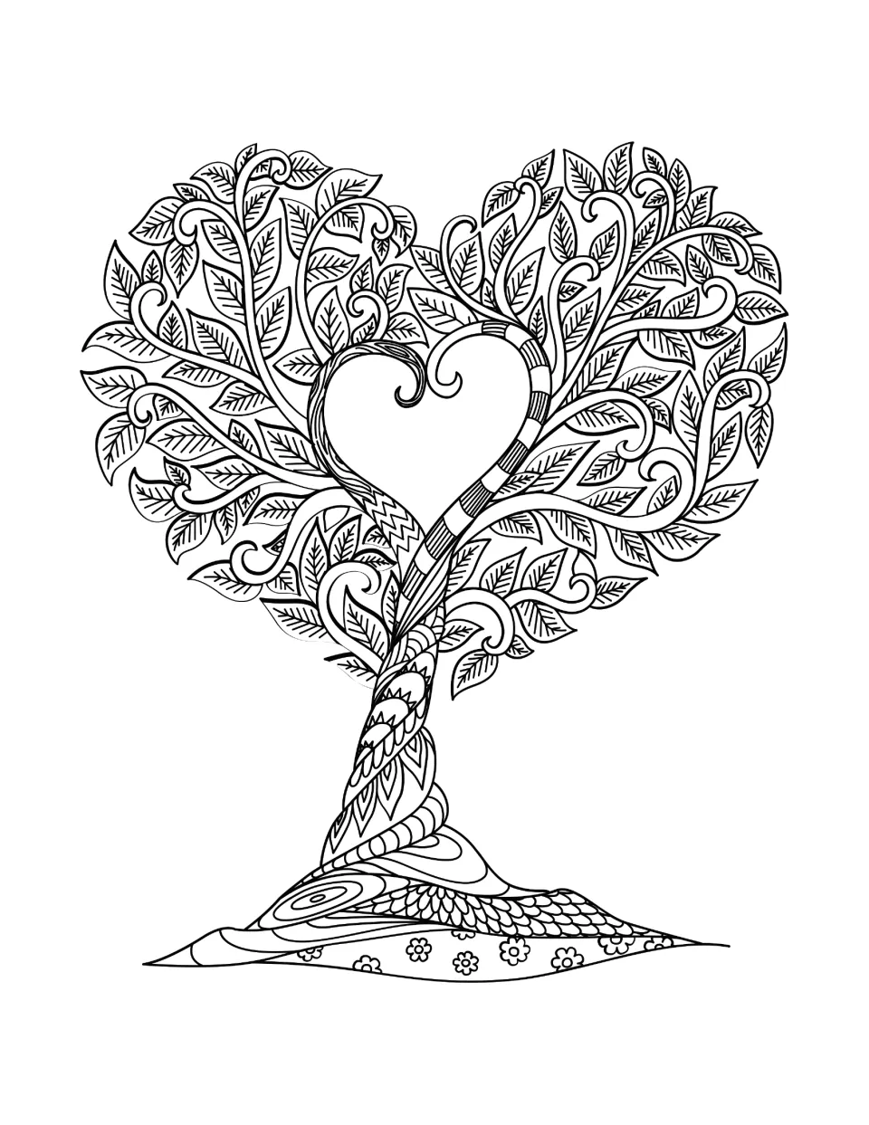 Tree mandala coloring sheet featuring a heart-shaped leafy canopy and a central heart above a twisting trunk
