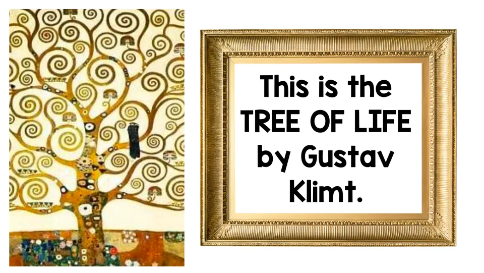 Klimt's Tree of Life painting: a gold-toned tree whose branches curl into many spirals, shown with its title in a frame
