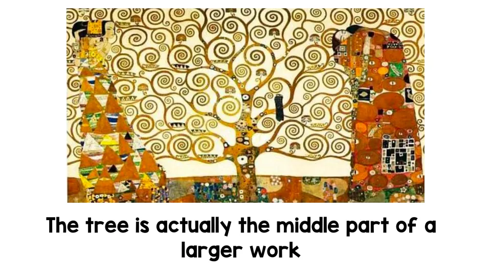 Klimt's full work: the spiral tree sits in the middle of a larger work, with patterned figures on each side