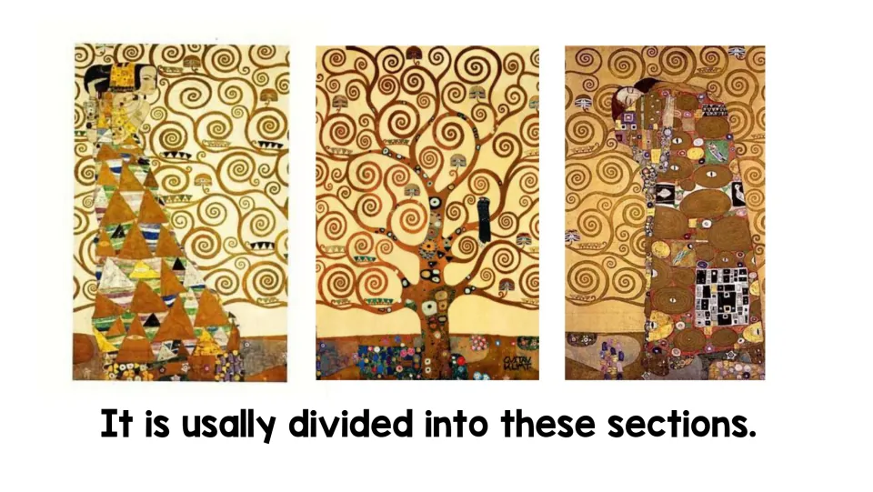The artwork's usual three sections: a standing figure, the spiral tree, and an embracing couple, side by side
