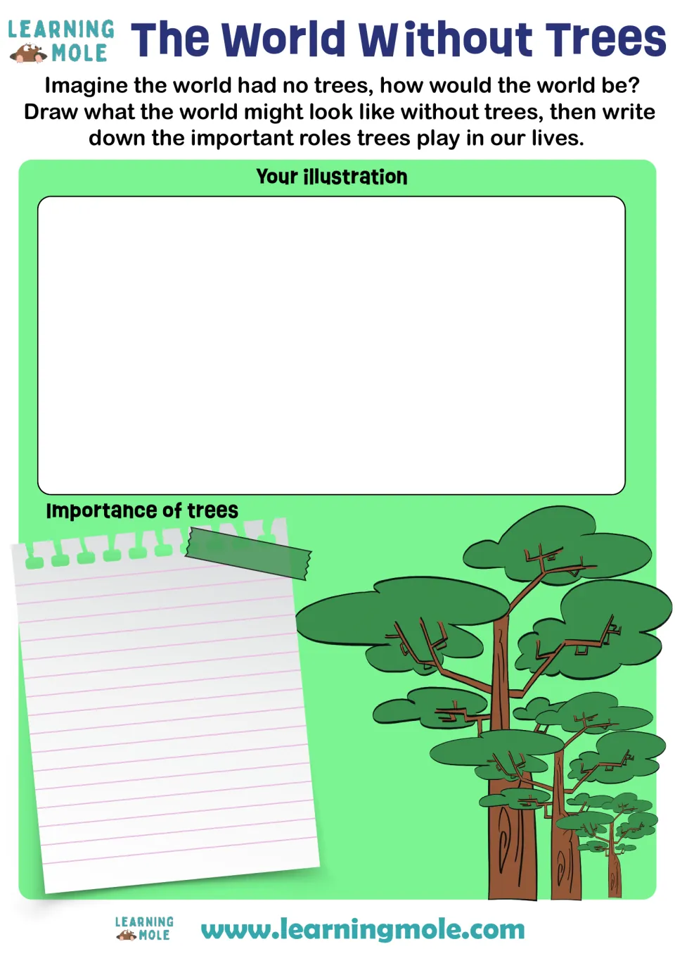 The World Without Trees: students draw how the world might look with no trees, then write about the roles trees play