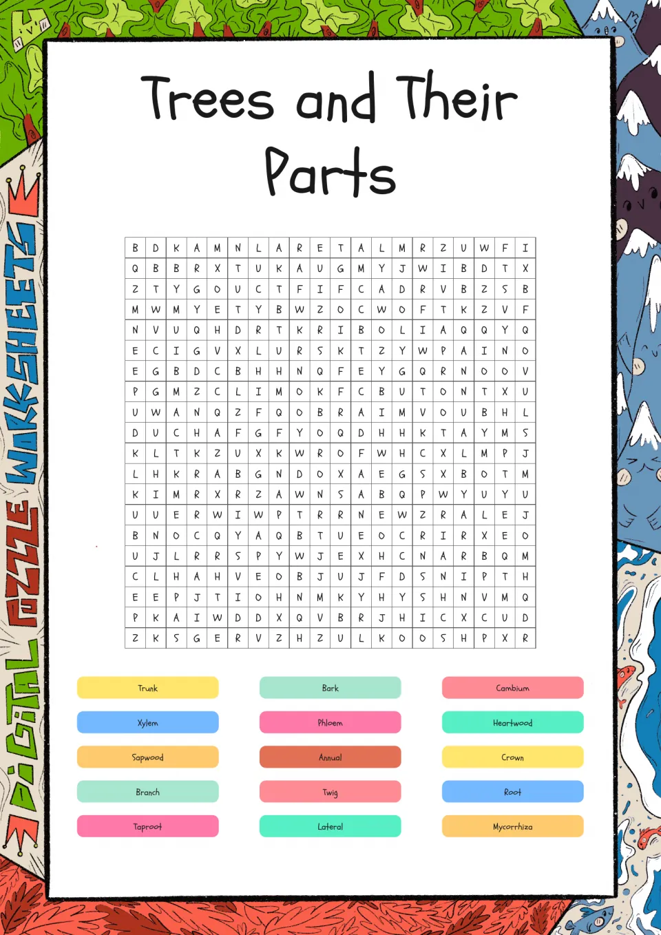 Tree parts word search featuring 15 terms, including trunk, bark, cambium, xylem, phloem, and heartwood.