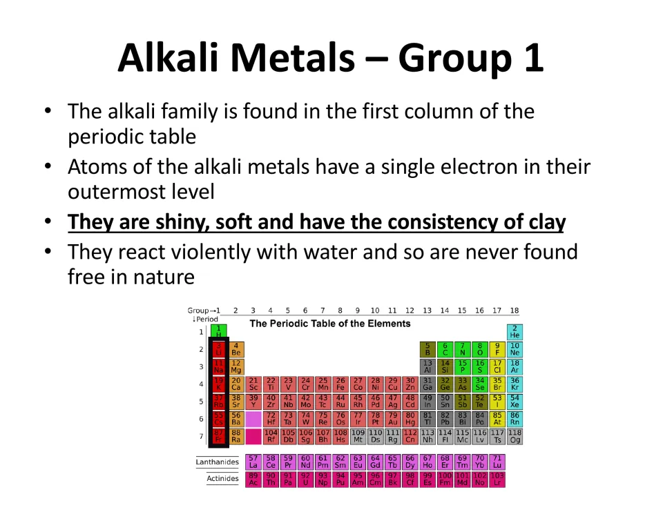 Alkali Metals, Group 1: one outer electron, shiny, soft, react violently with water, so never found free in nature