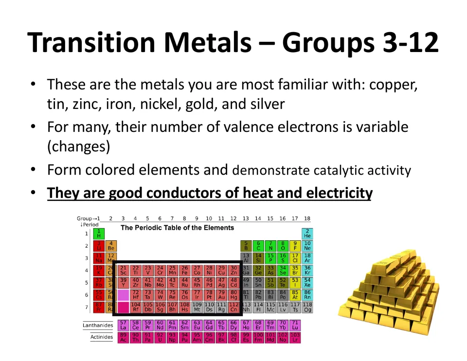 Transition Metals, Groups 3-12: copper, iron, gold, variable valence electrons, catalytic activity, good conductors