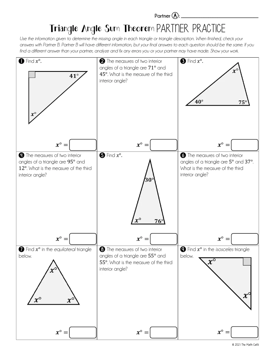 Partner A form: students find the missing angle x in 9 triangles or angle descriptions, including right and isosceles
