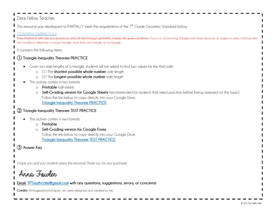 Teacher letter listing the contents: third-side practice half-sheets, a 10-question test practice and an answer key