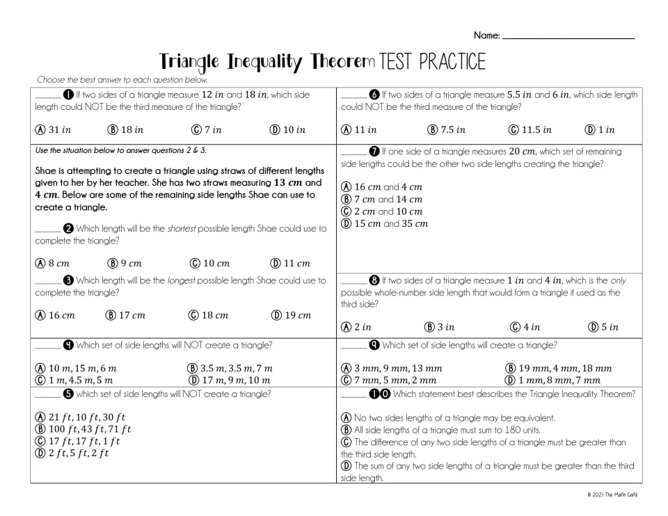 Triangle inequality test practice: 10 multiple-choice questions on possible third sides and sets that can form a triangle