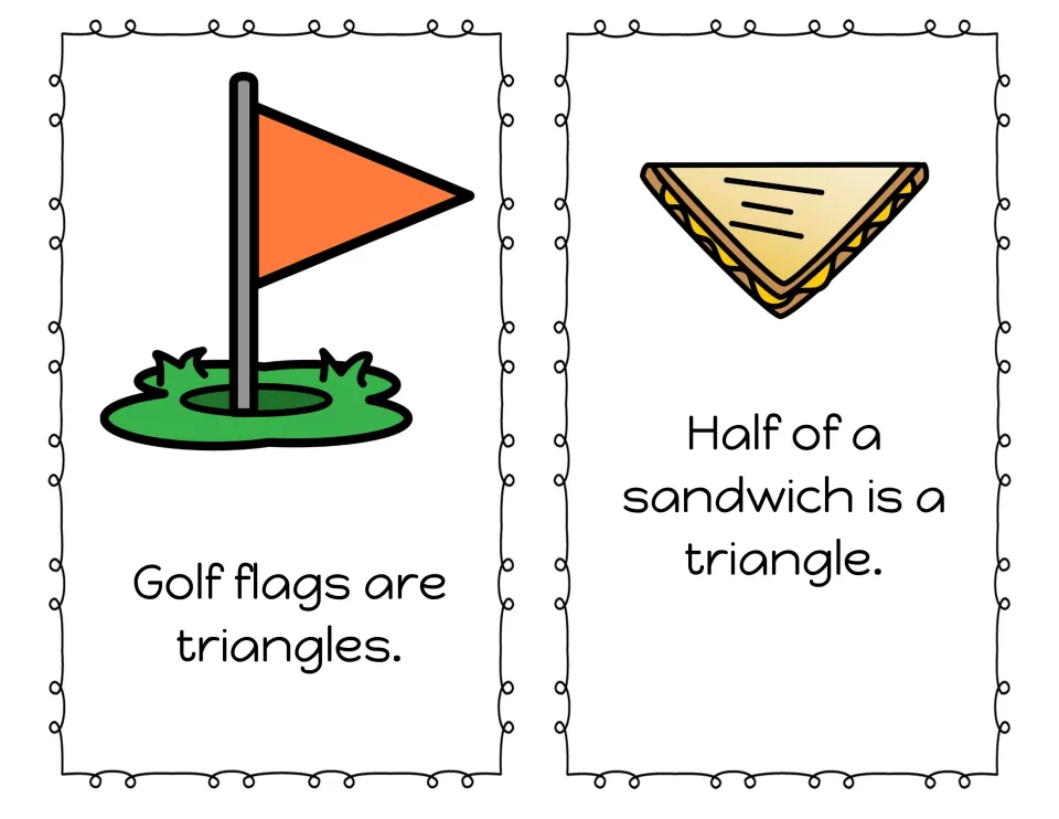 Mini book reading pages 1–2: "Golf flags are triangles" and "Half of a sandwich is a triangle," with pictures.