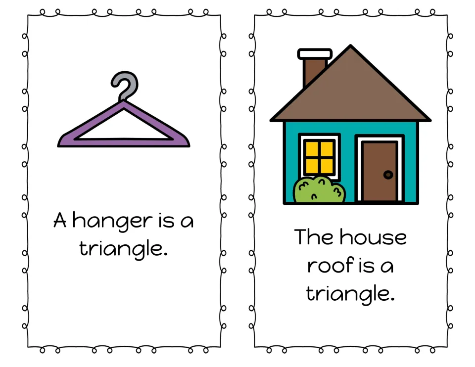 Mini book reading pages 3–4: "A hanger is a triangle" and "The house roof is a triangle," with pictures.