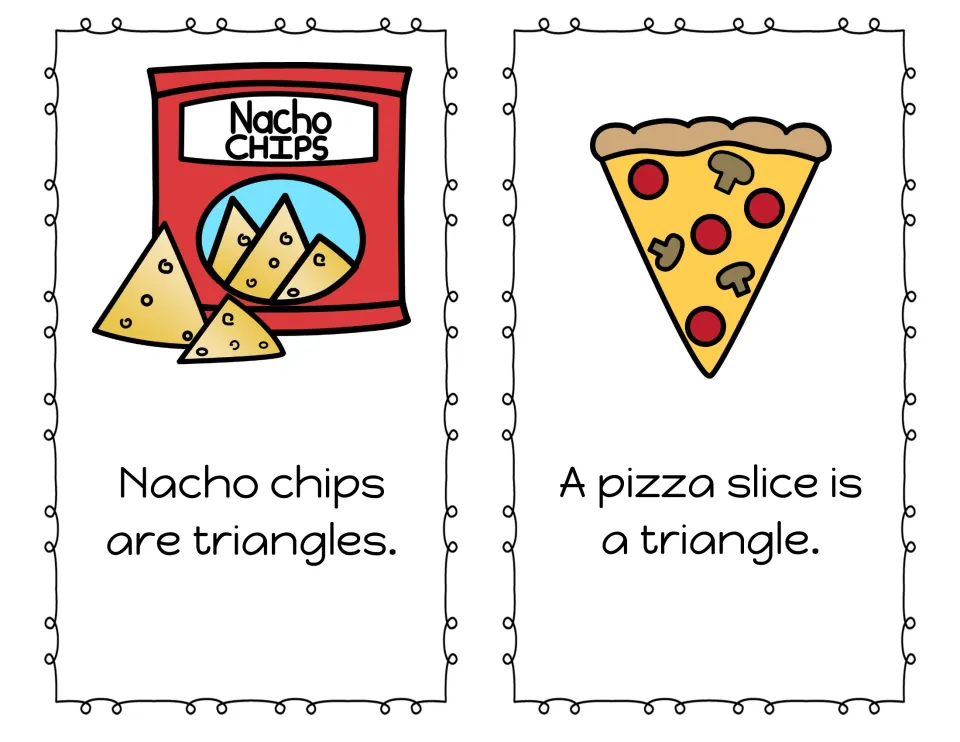 Mini book reading pages 5–6: "Nacho chips are triangles" and "A pizza slice is a triangle," with pictures.