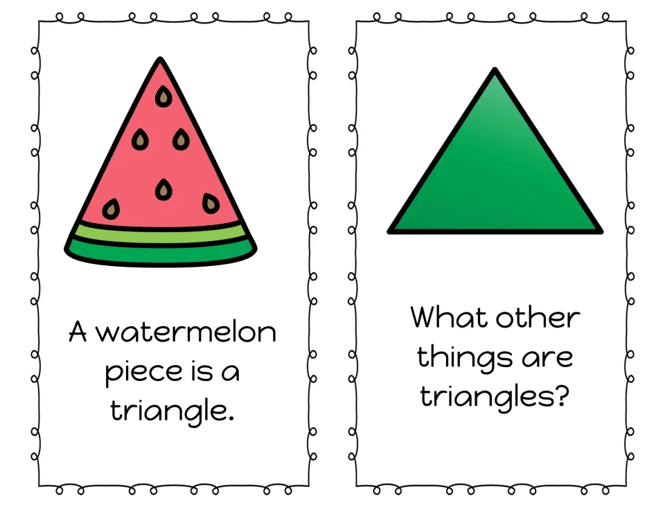 Mini book reading pages 7–8 show a watermelon piece as a triangle and ask, "What other things are triangles?"