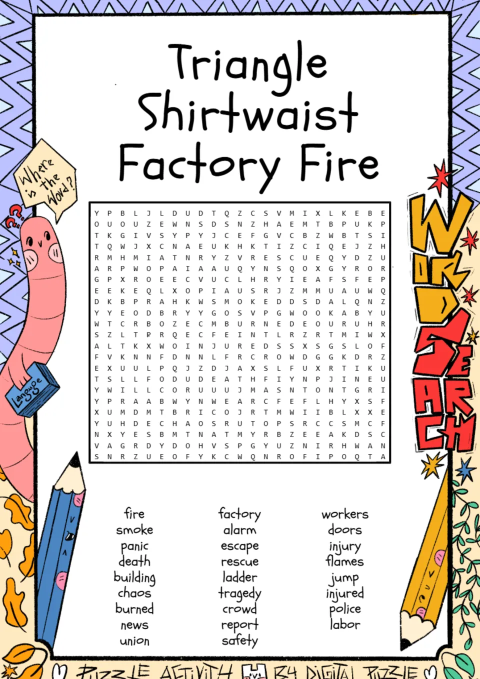 Triangle Shirtwaist Factory Fire word search with 26 terms, including labor, union, safety, and rescue