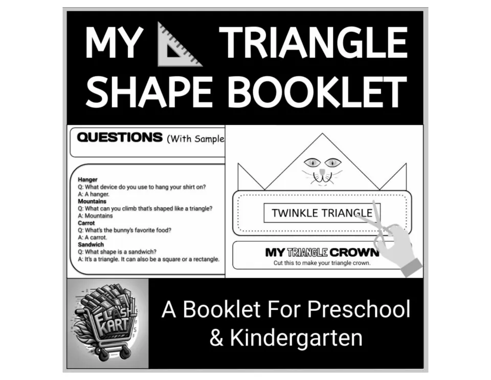 My Triangle Shape Booklet cover for preschool and kindergarten, showing a question page and a cut-out triangle crown
