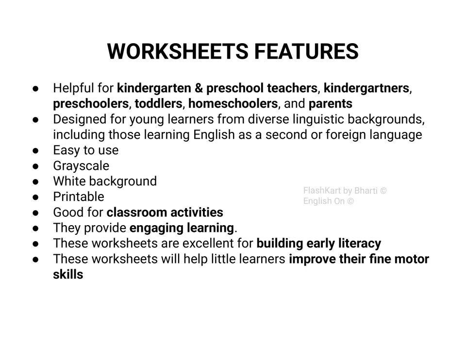 Features list: grayscale, printable pages on a white background, made for young learners including English learners