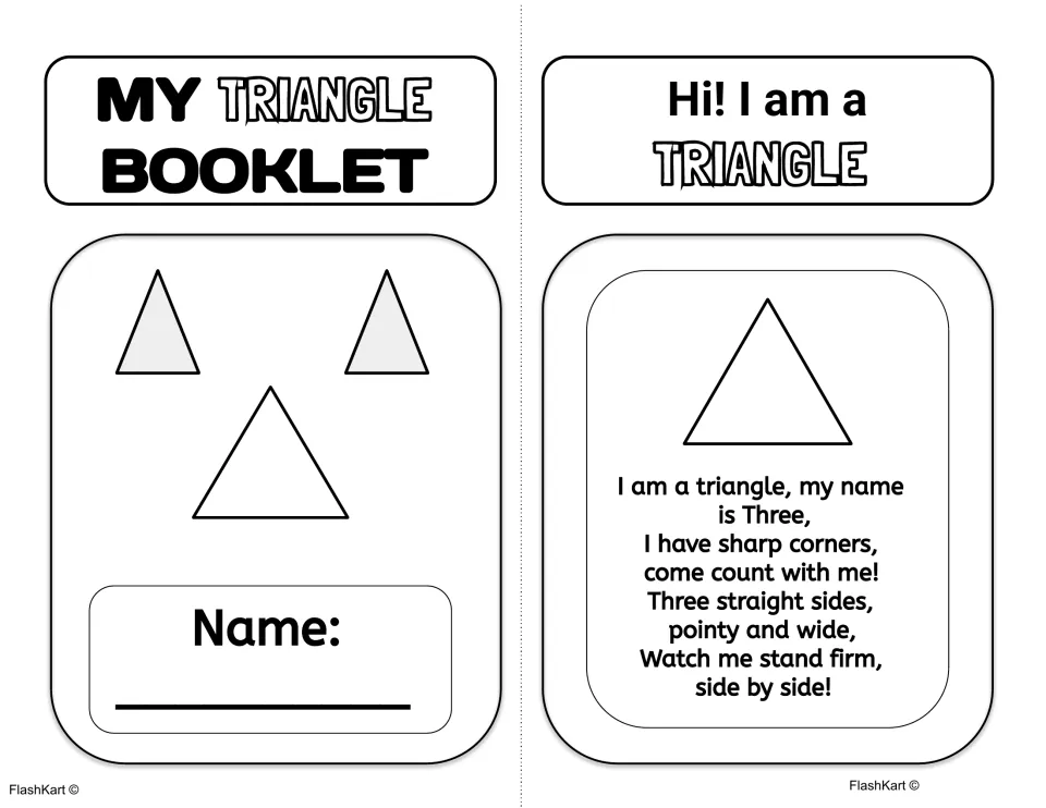 My Triangle Booklet front with a name line, beside a 'Hi! I am a Triangle' poem about three sides and sharp corners