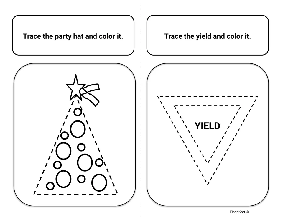 Real-life triangles: students trace and color a dotted party hat with a star on top and a dotted yield sign