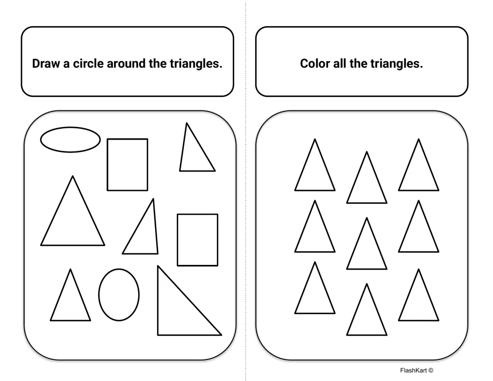 Identifying triangles: students circle the triangles among ovals and rectangles, then color a set of nine triangles