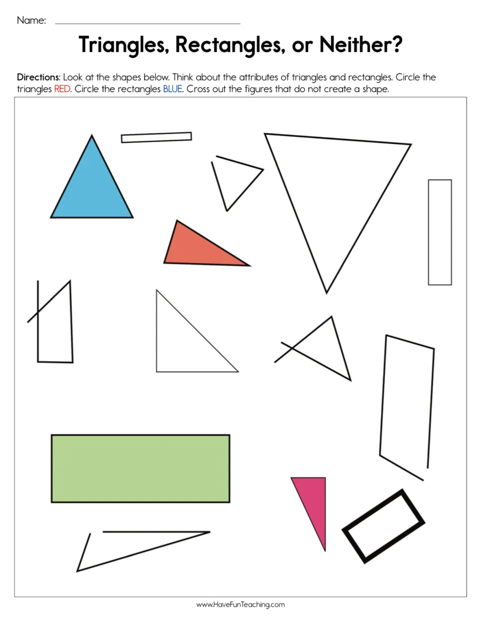 Shape identification practice: circle triangles red and rectangles blue, and cross out incomplete figures.