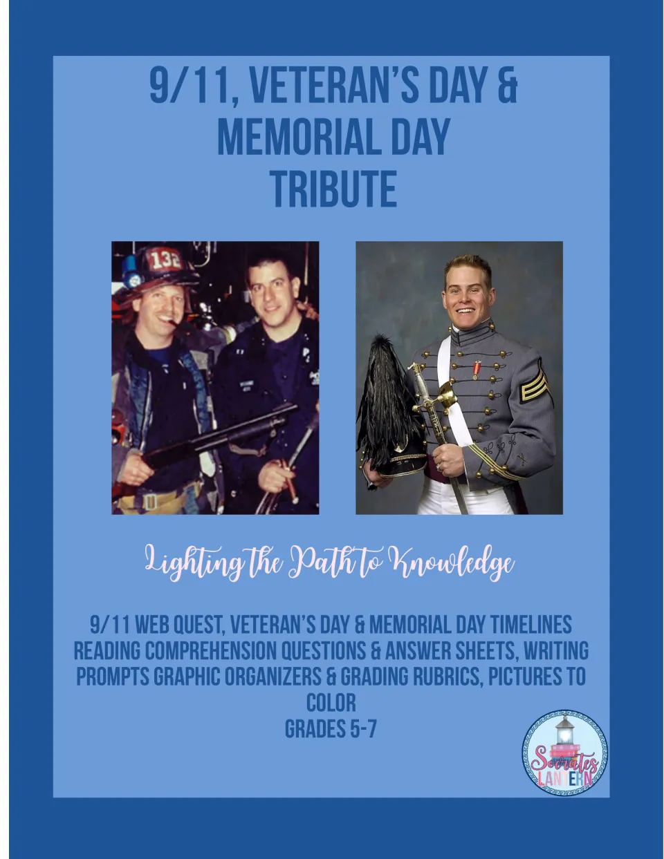 9/11, Veteran's Day & Memorial Day Tribute cover: web quest, timelines, reading questions, writing prompts, coloring pages