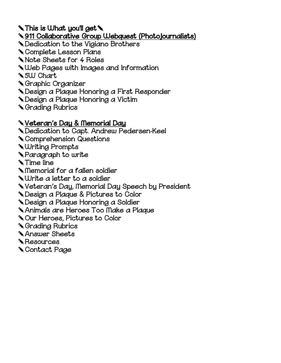 Contents list: 9/11 group webquest items like role note sheets and a 5W chart, then Veteran's and Memorial Day activities