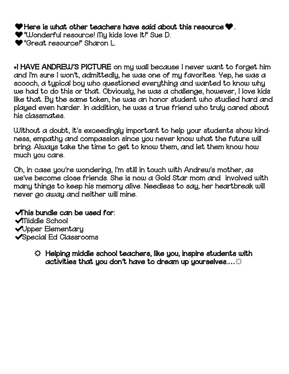 Teacher testimonials and the author's personal note remembering former student Andrew, plus suggested classroom settings
