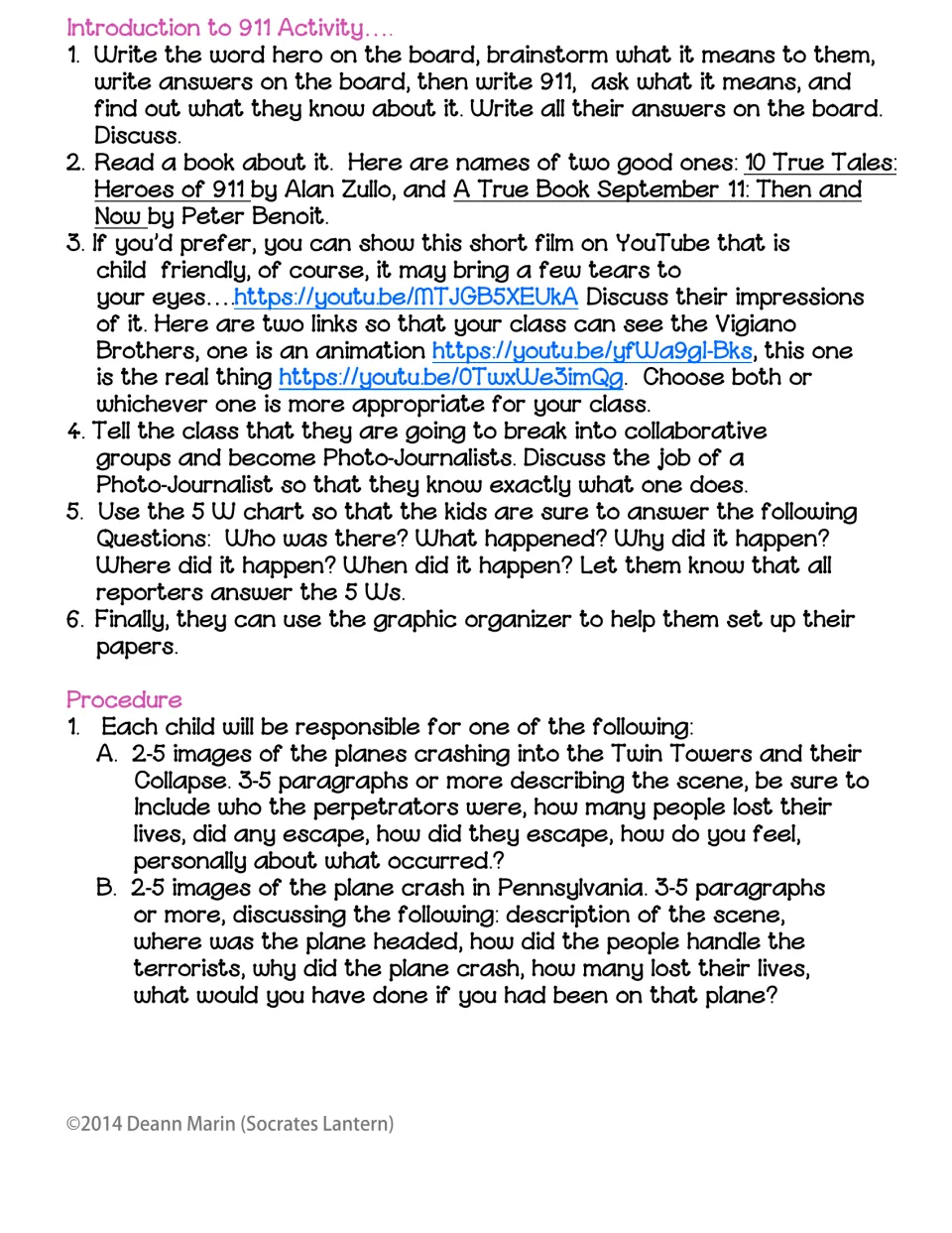 9/11 lesson plan: hero brainstorm, books and videos, 5 W chart, then reporter roles for Twin Towers and Pennsylvania crash