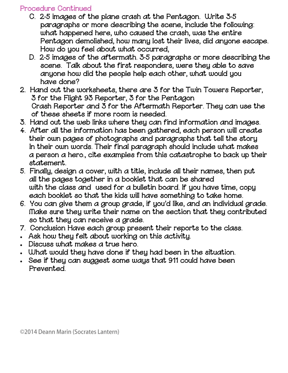 9/11 project procedure continued: Pentagon and aftermath reporter roles, booklet assembly, grading and a hero discussion