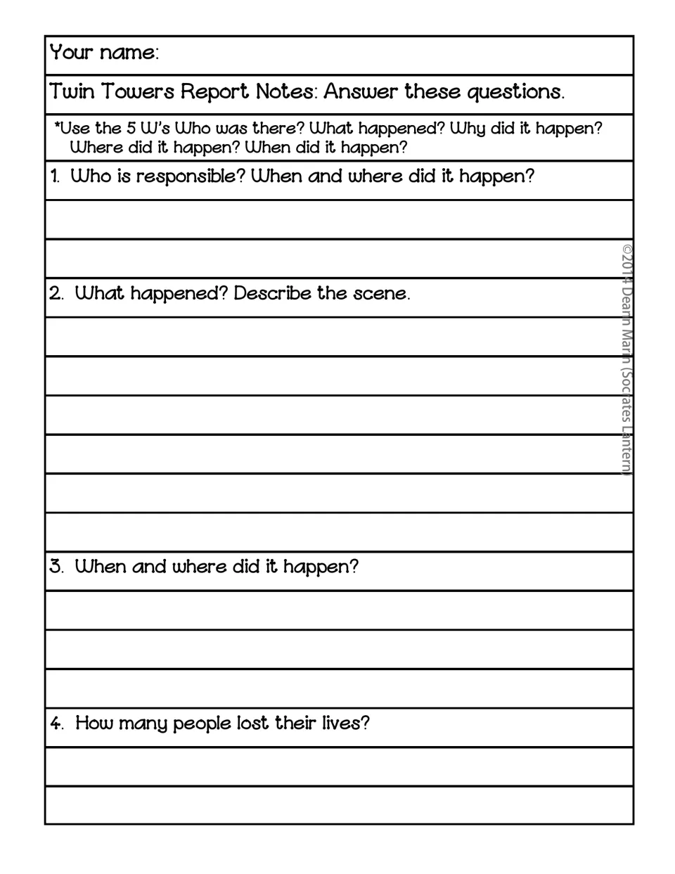 Twin Towers Report Notes: students answer who, what, when and where questions and how many lives were lost, using the 5 W's