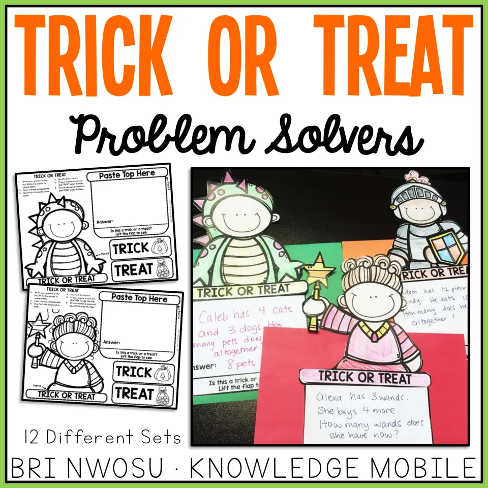 Trick or Treat Problem Solvers cover: 12 costume craft sets, shown coloured with word problems like Caleb's cats and dogs