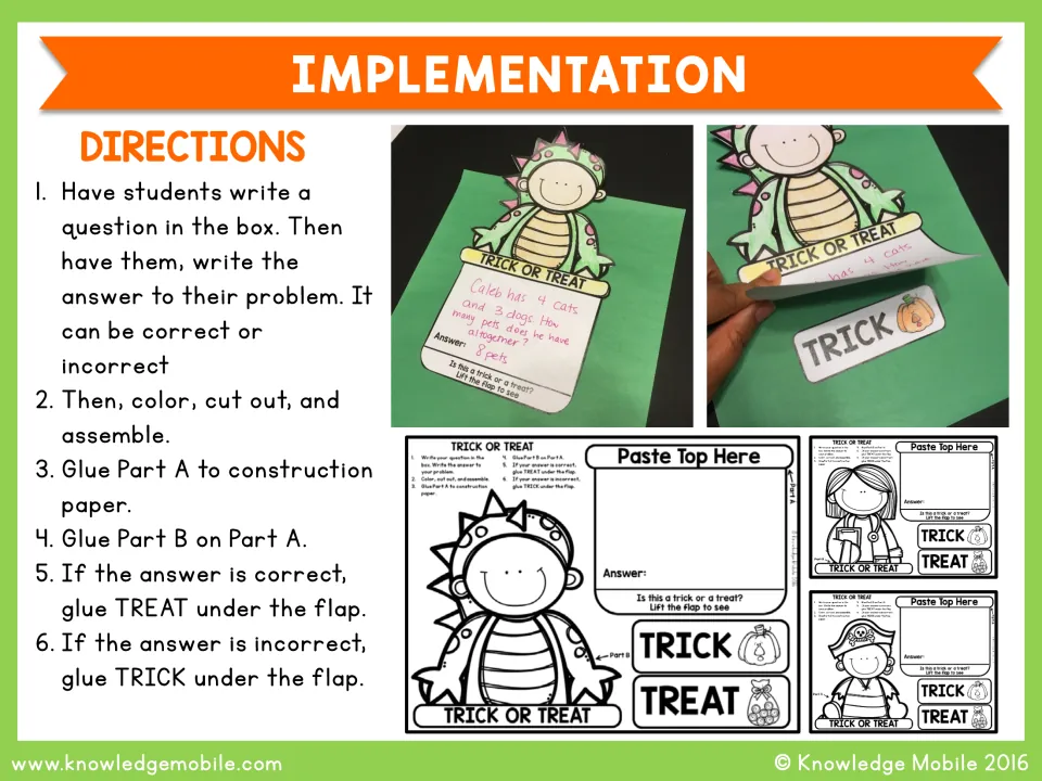 Implementation steps: students write a question and answer, assemble the craft and hide TRICK or TREAT under the flap