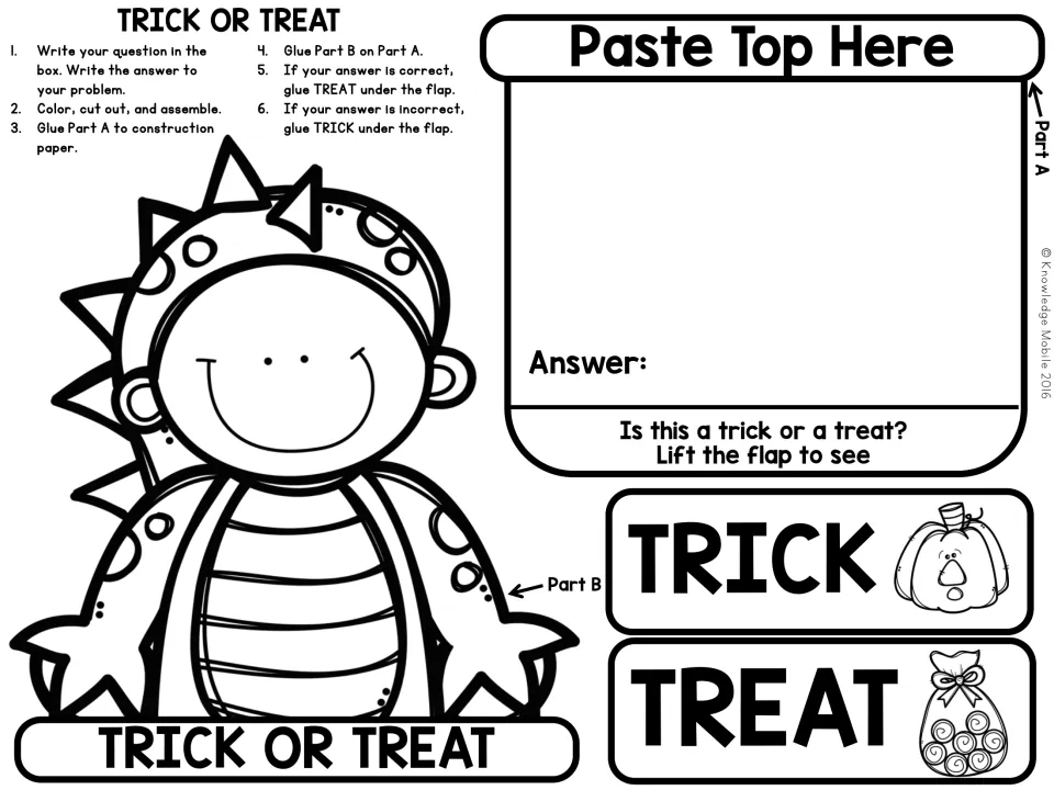 Dragon costume craft: students write a word problem and answer, then glue TRICK or TREAT under the flap to mark it right