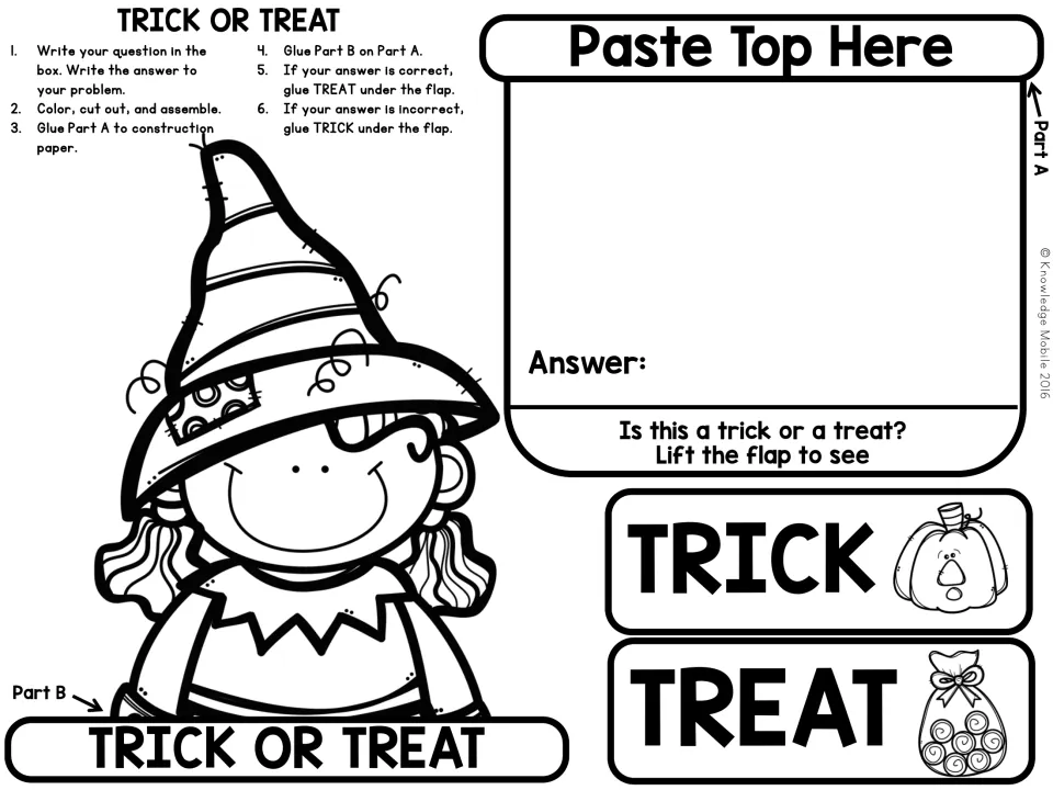 Witch costume craft: students write their problem and answer, then hide TRICK if wrong or TREAT if right under the flap