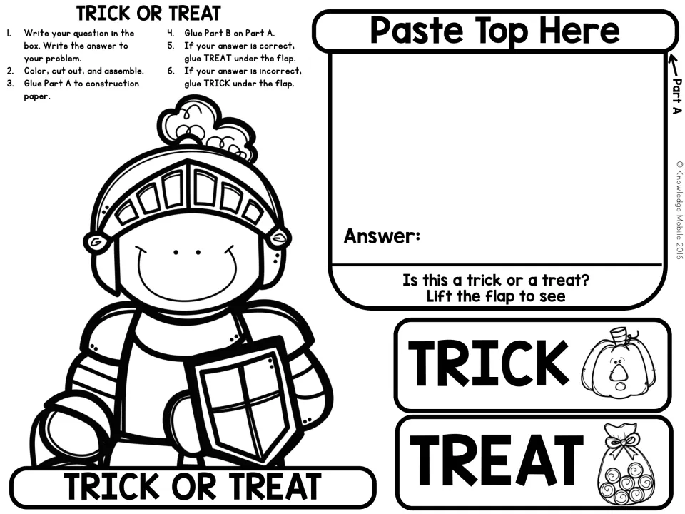 Knight costume craft: students pose a question, add an answer, then glue TREAT if correct or TRICK if not under the flap
