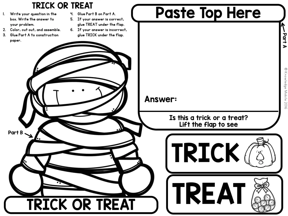 Mummy costume craft: students write a question with a right or wrong answer and peers lift the flap to find TRICK or TREAT