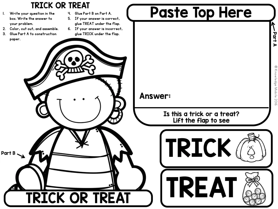 Pirate costume craft: students create a question, write an answer, colour and assemble, glue TRICK or TREAT under the flap