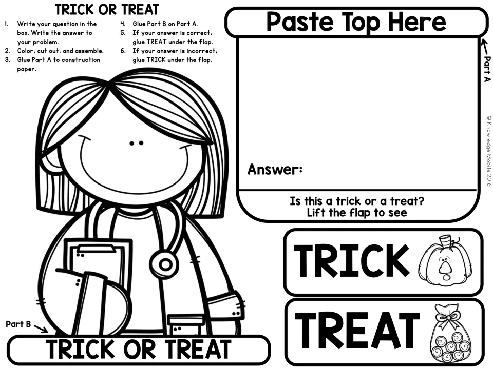 Female doctor costume craft: students write a problem and answer on the flap; TRICK or TREAT beneath shows if it's right