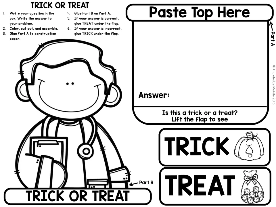 Male doctor costume craft: students write a question and a correct or incorrect answer, then glue the TRICK or TREAT tag