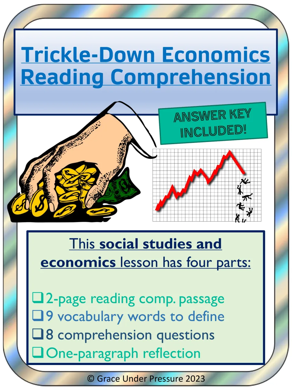 Trickle-Down Economics cover: a 2-page reading passage, 9 vocabulary words, 8 comprehension questions and a reflection
