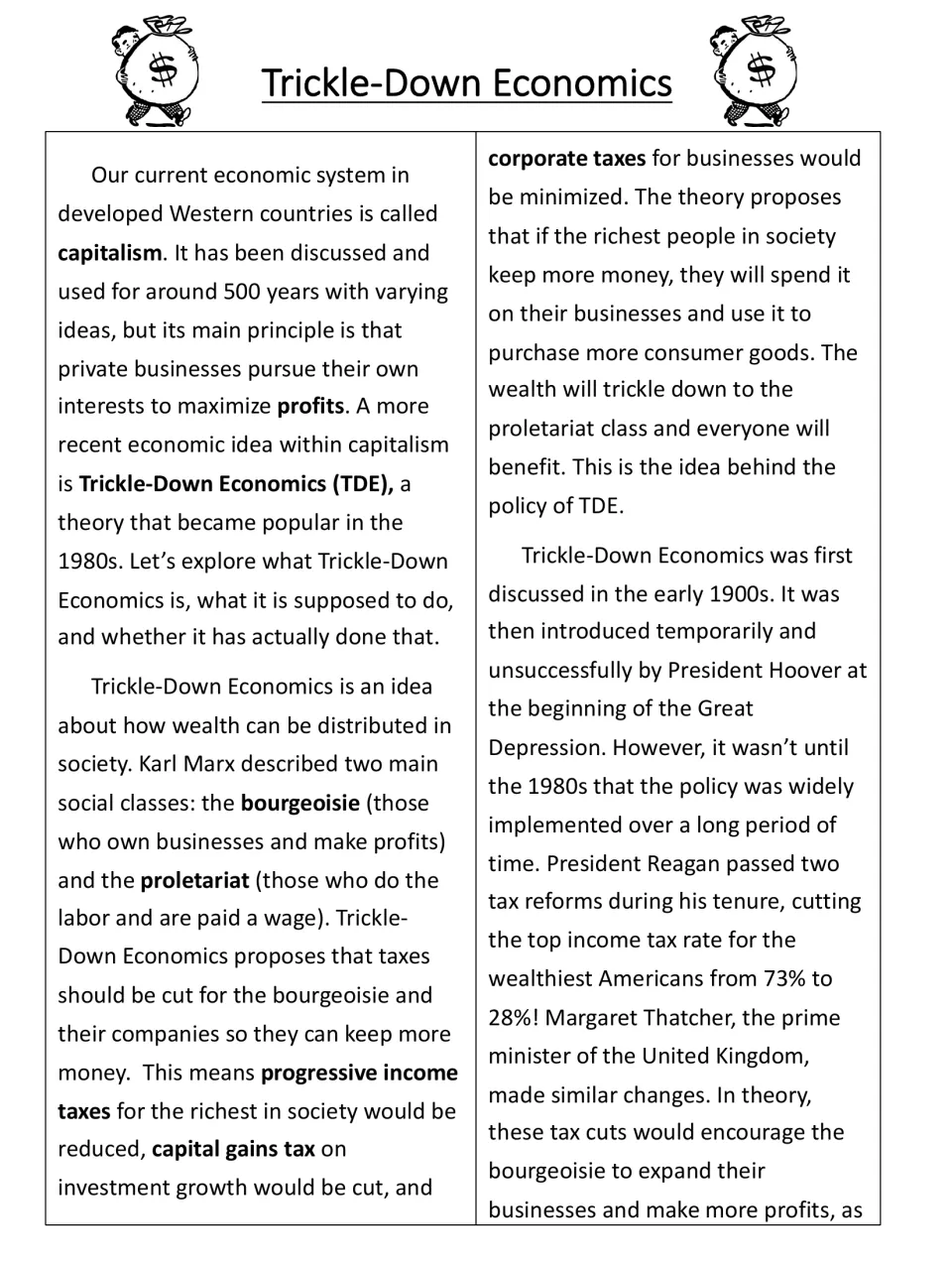 Passage part 1: students read about capitalism, Marx's two social classes and Reagan's 1980s trickle-down tax cuts